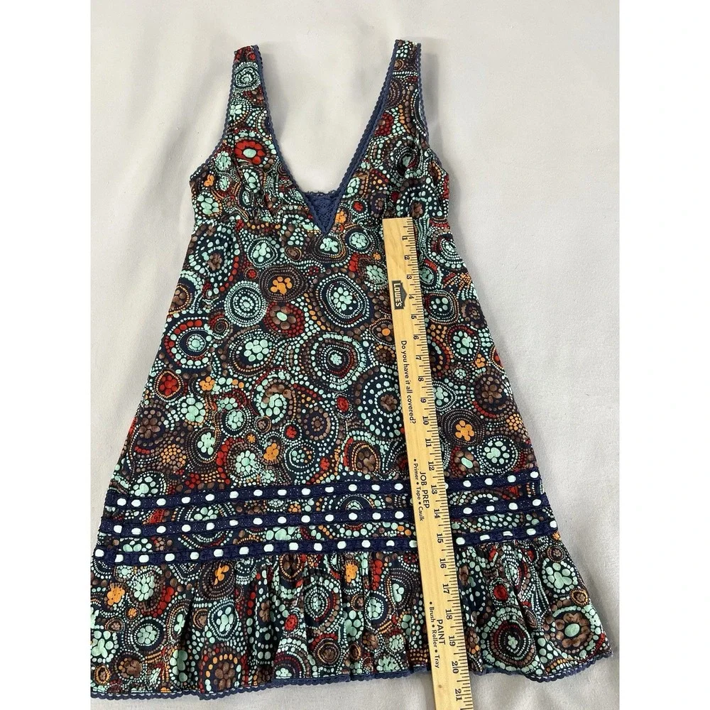 Free People Dress Multicolor With Abstract Pattern Crochet Lace Deep V Sz 0‎ VtG